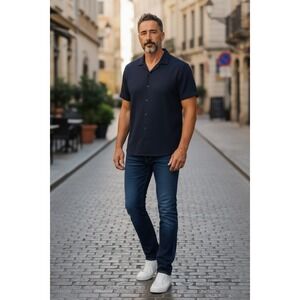 Scotch Soda Amsterdam Textured Short Sleeve Button Up Shirt Navy Blue Men's L